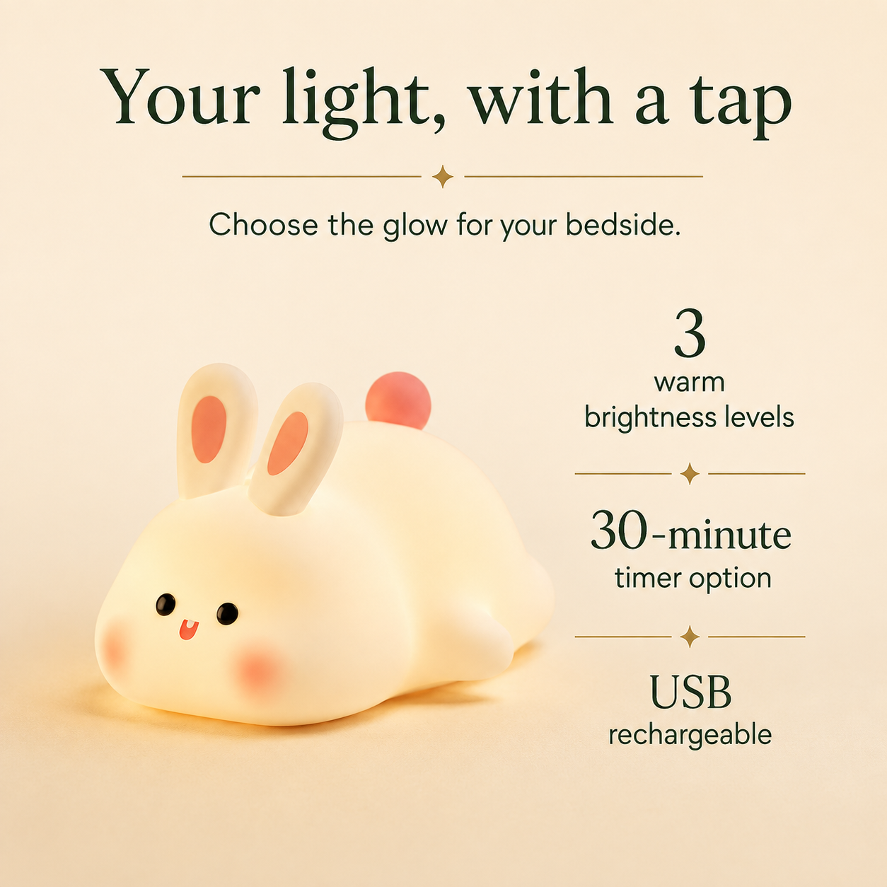 Rechargeable Rabbit Night Light with Tap Brightness and Timer