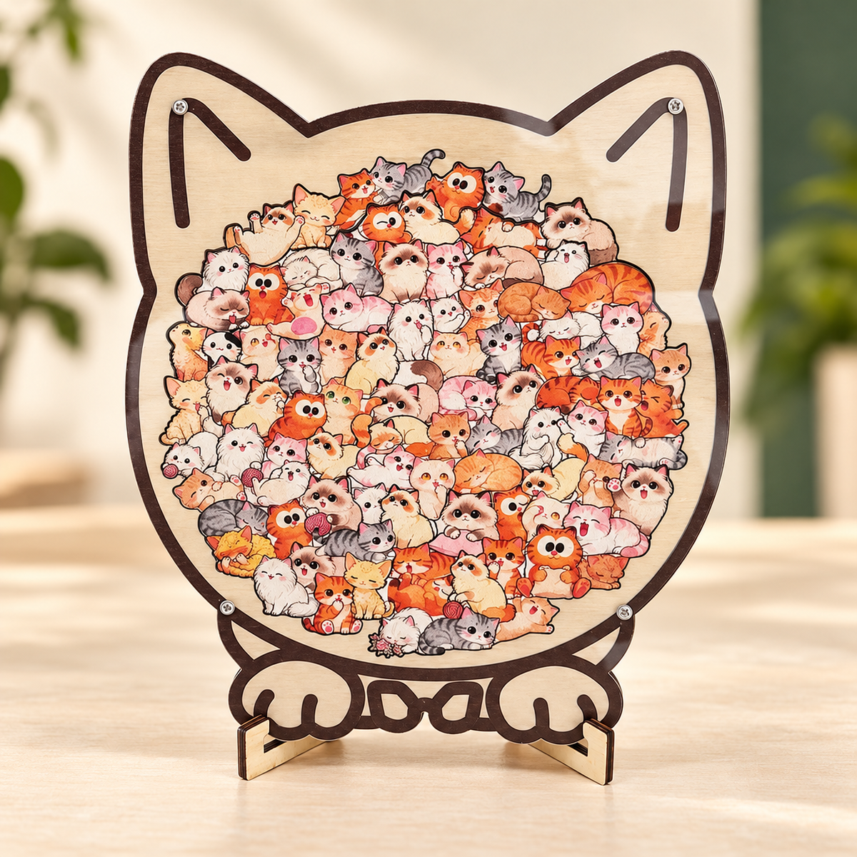 Cat-Shaped Wooden Jigsaw Puzzle with Display Frame and Stand