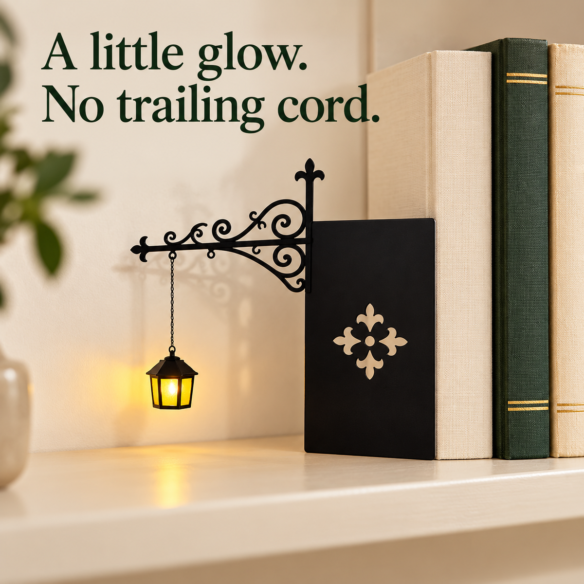 Classic black hanging bookshelf lantern beside books with warm decorative light; overlay reads A little glow. No trailing cord.