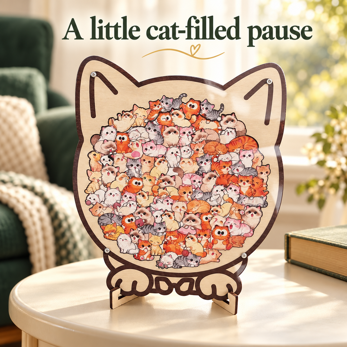 Cat-Shaped Wooden Jigsaw Puzzle with Display Frame and Stand