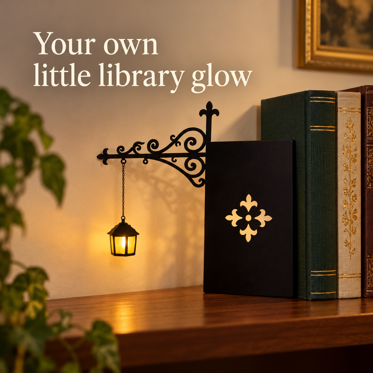 One classic black lantern with bookend panel and ornate bracket in a cozy reading nook.