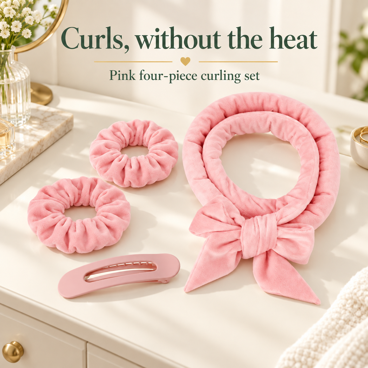 Pink Heatless Hair Curler Gift Idea — Four-Piece Ribbon Set