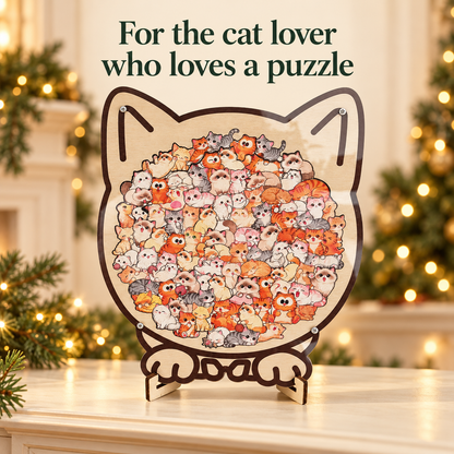 Cat-Shaped Wooden Jigsaw Puzzle with Display Frame and Stand
