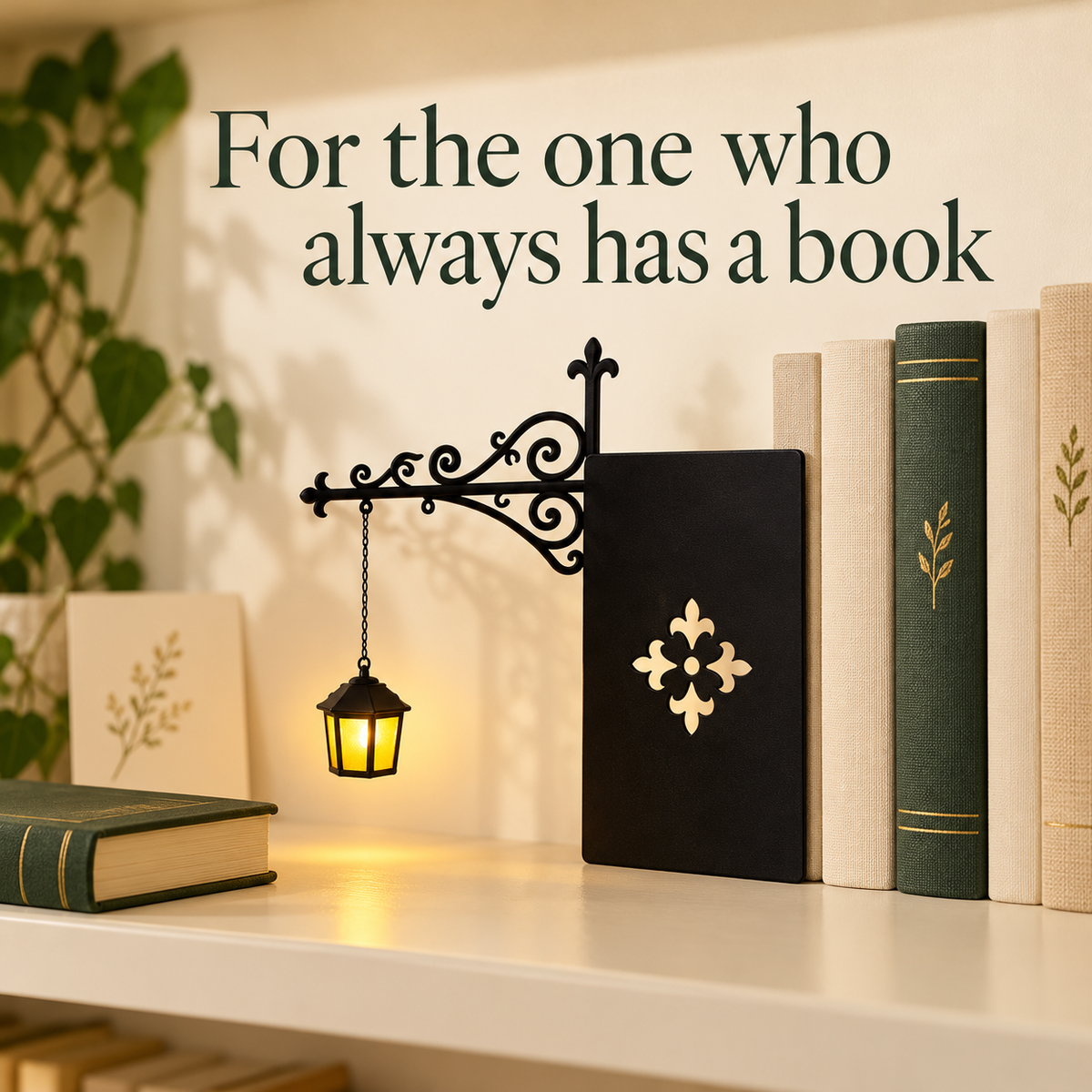 One classic black bookshelf lantern styled for an adult book lover; books and note are props.
