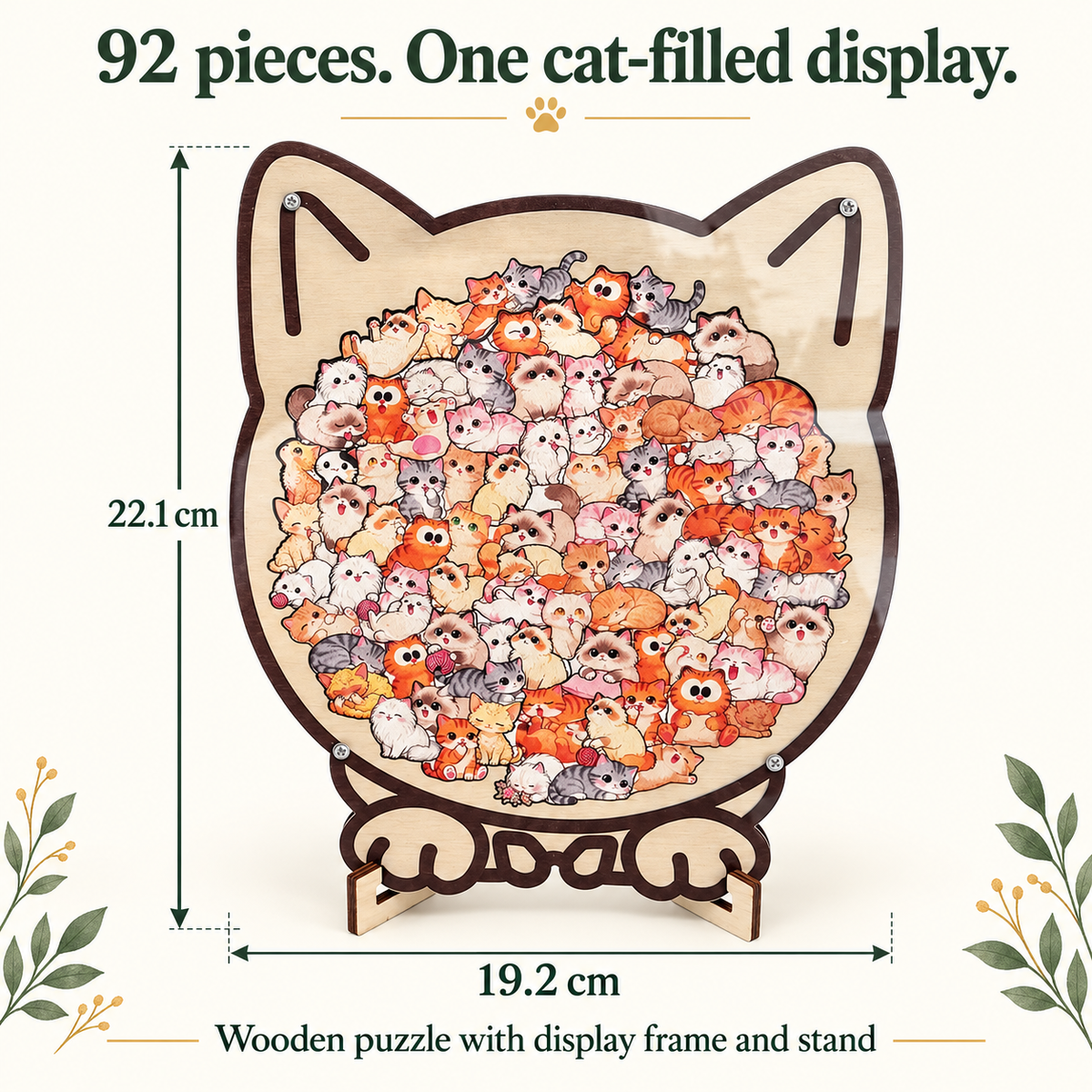 Cat-Shaped Wooden Jigsaw Puzzle with Display Frame and Stand
