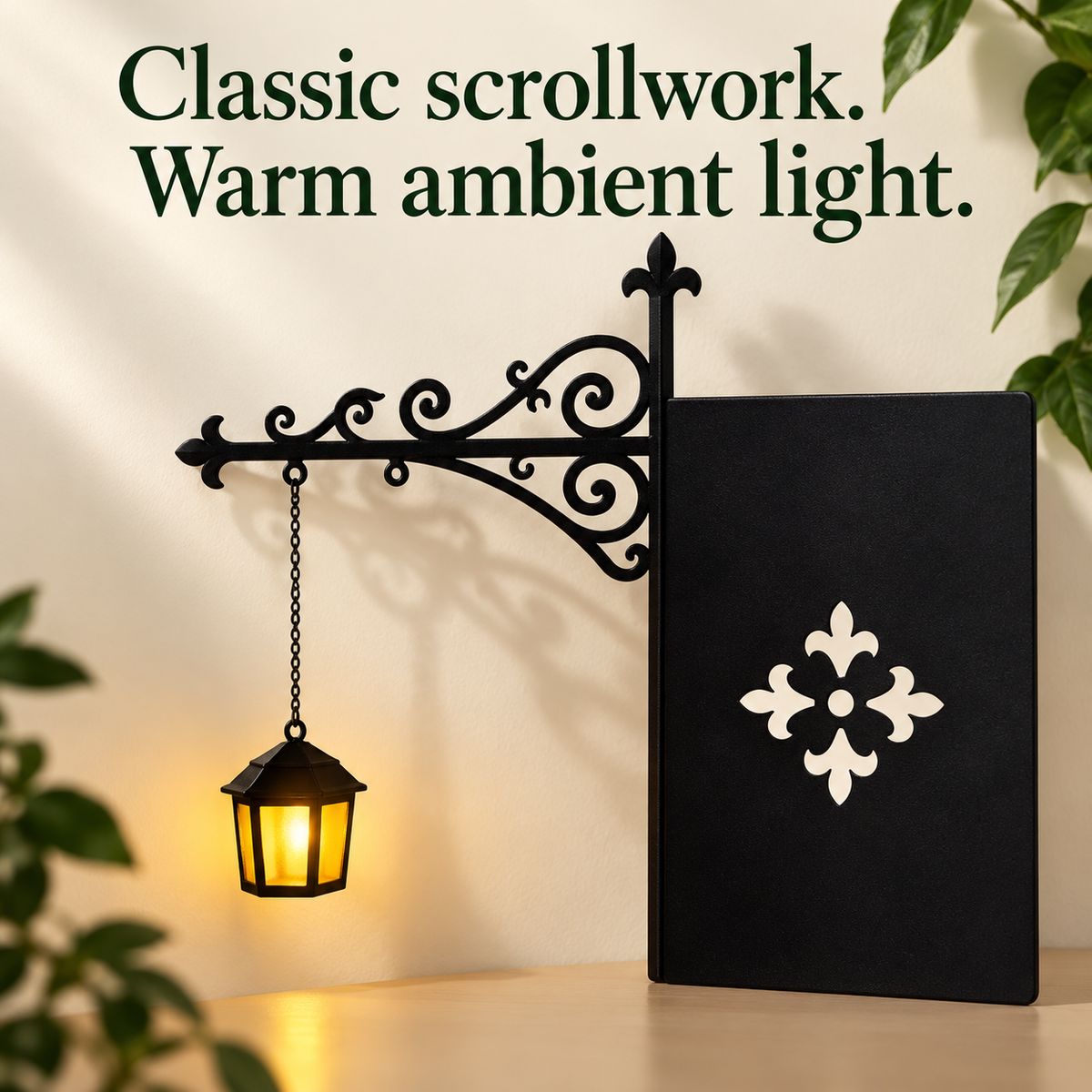 Close-up of the classic black scrollwork, chain and warm tapered lantern.