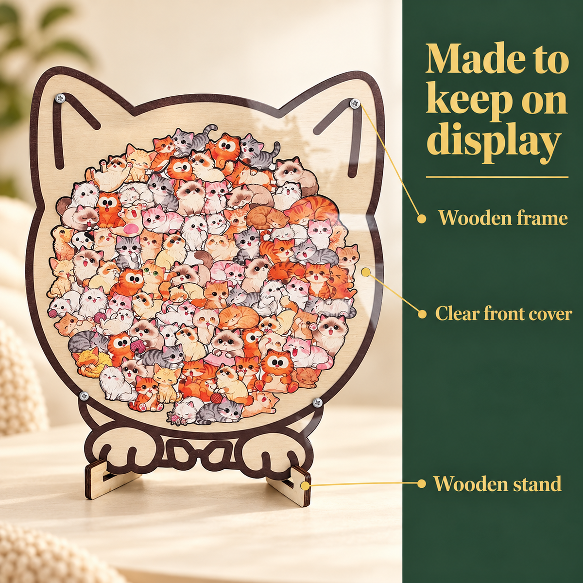 Cat-Shaped Wooden Jigsaw Puzzle with Display Frame and Stand