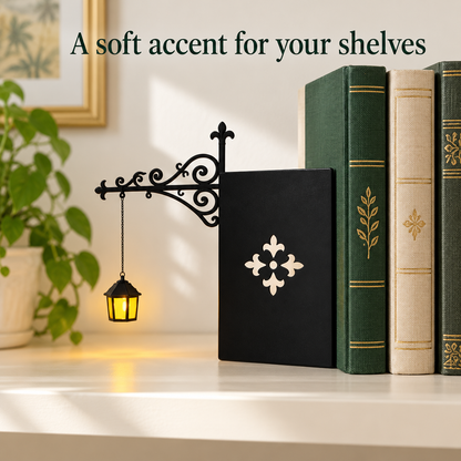 Classic black bookend lantern providing a soft decorative accent beside books.