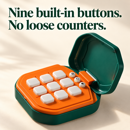 Nine built-in white square buttons on the orange playing face of one dark-green game.
