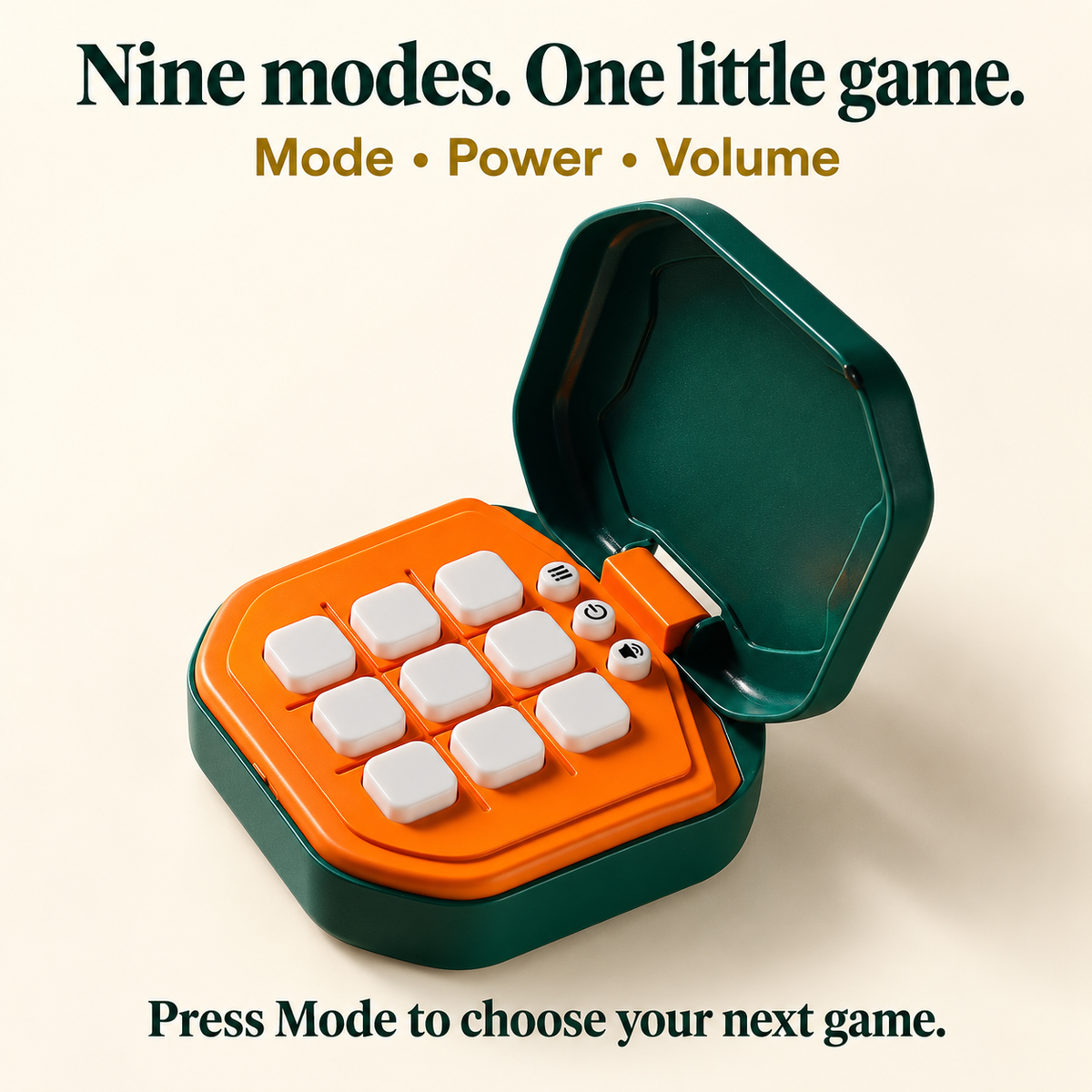The dark-green electronic game with nine modes and mode, power and volume controls.