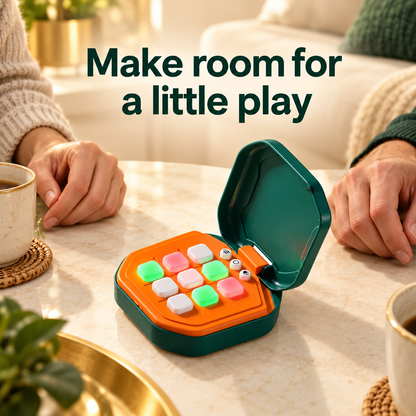 One dark-green and orange electronic tic-tac-toe game between two adults at a coffee table.