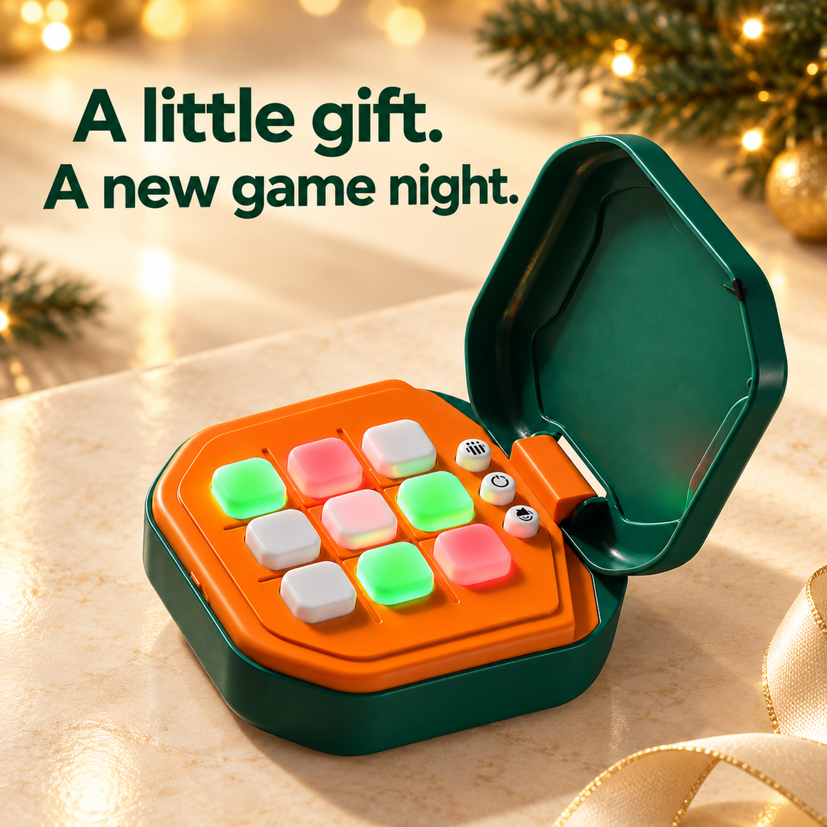 One dark-green electronic tic-tac-toe game with an orange board, styled with holiday lights and a decorative ribbon.