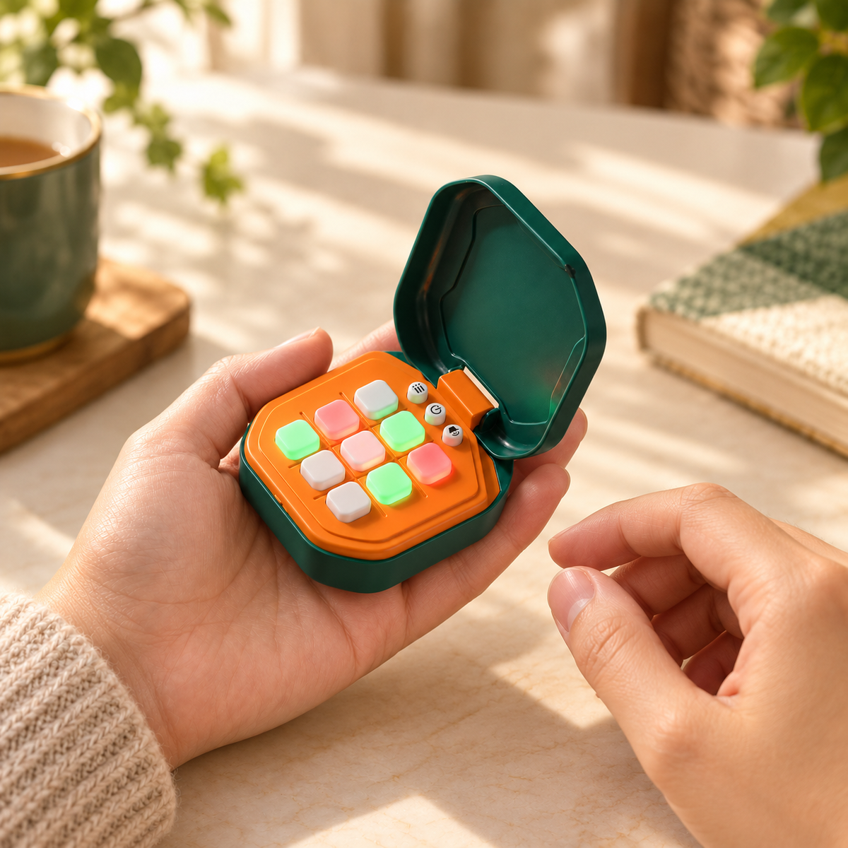 One small dark-green and orange electronic game resting in an adult palm.