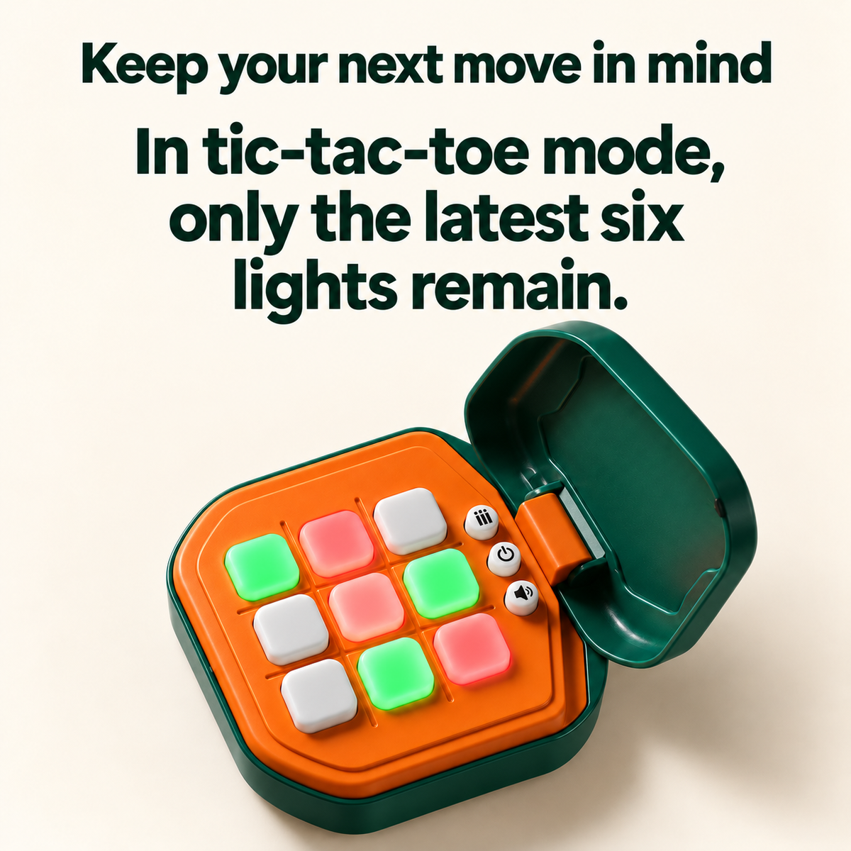 The dark-green game showing six illuminated squares; in tic-tac-toe mode only the latest six lights remain.