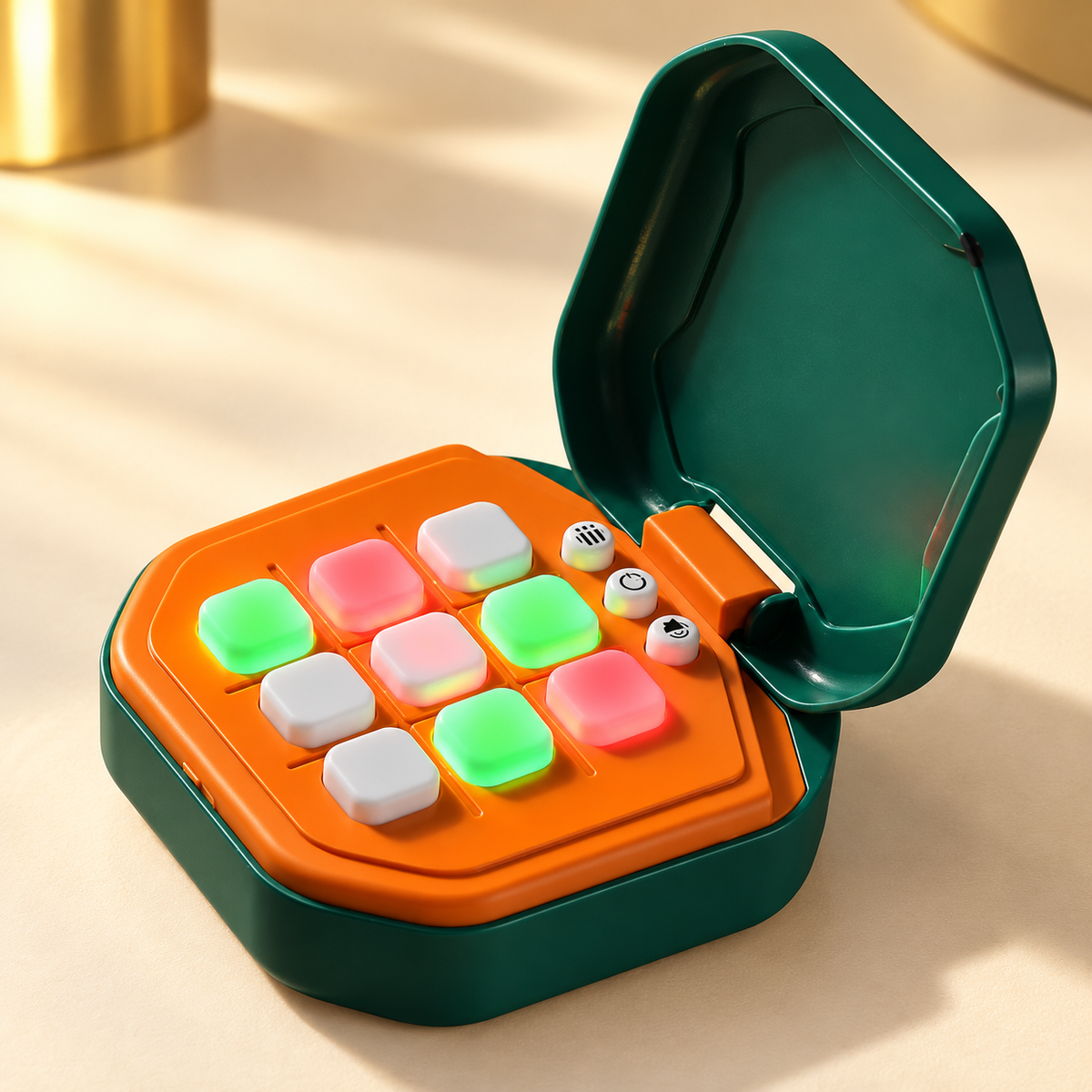 One open dark-green electronic tic-tac-toe game with an orange playing face and nine built-in white square buttons.