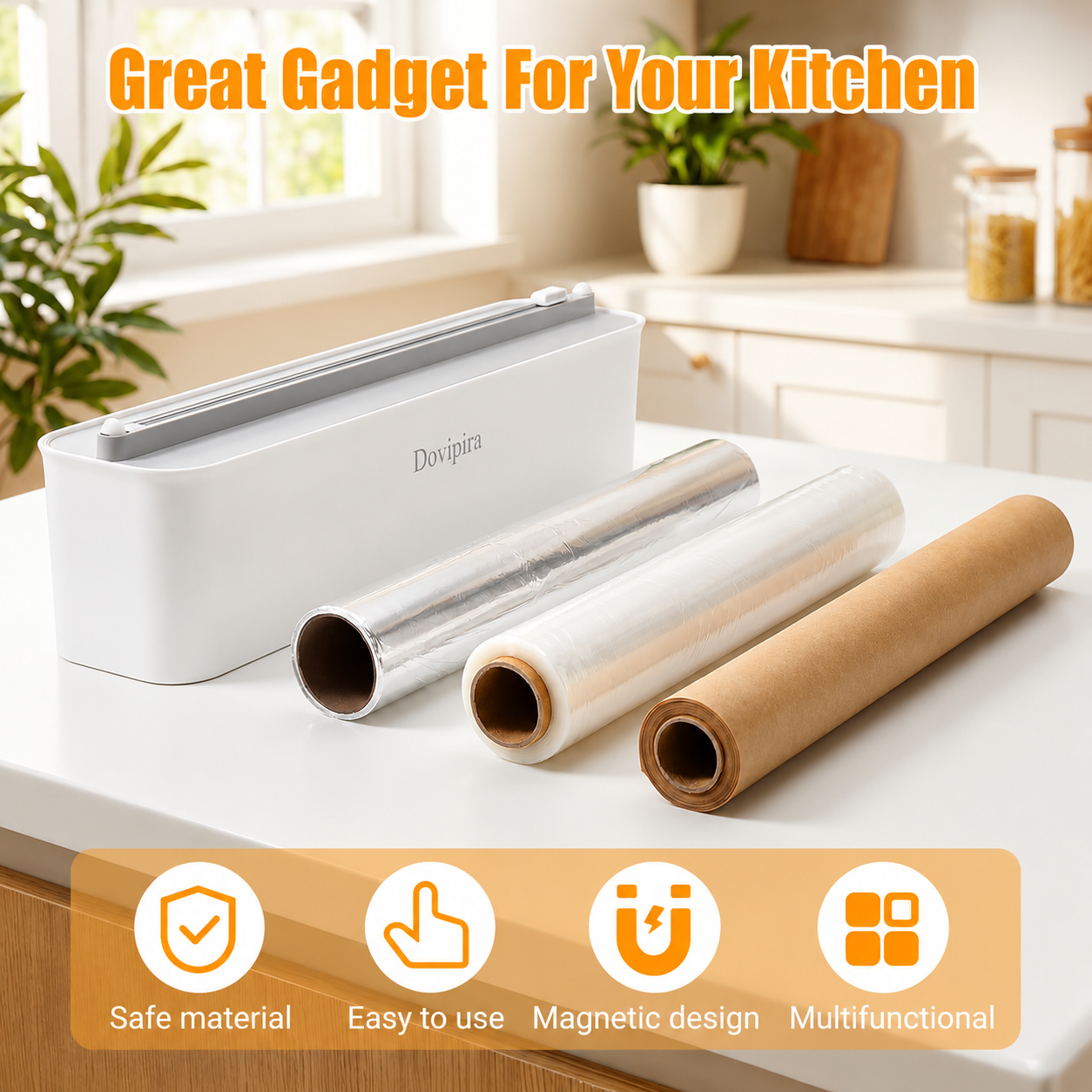Magnetic Cling Film Cutter Dispenser with Slide Cutter for Easy Kitchen Wrap
