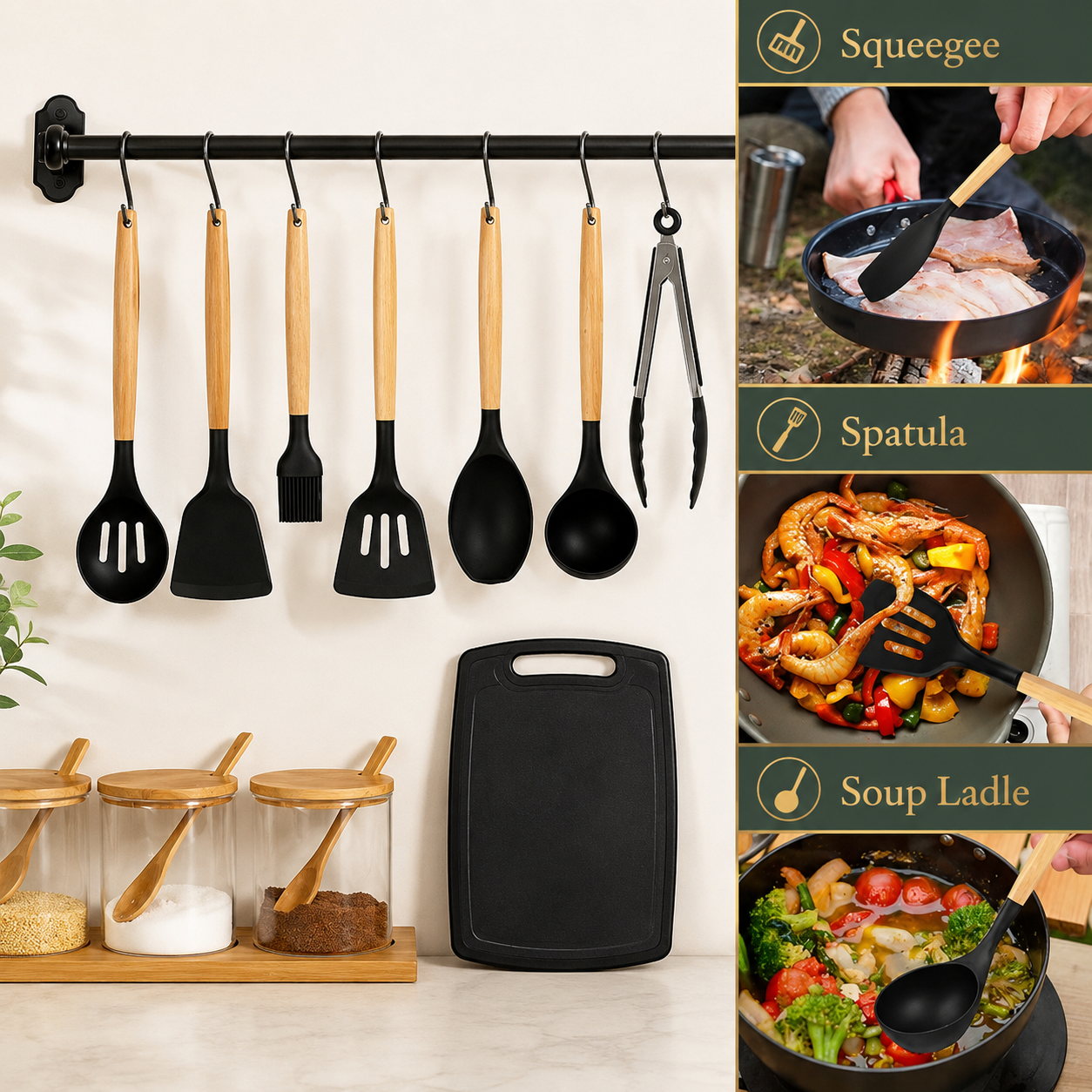 Non-Stick Silicone Kitchen Utensil Set with Wooden Handles for Easy Cooking