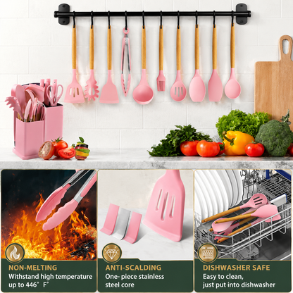 Non-Stick Silicone Kitchen Utensil Set with Wooden Handles for Easy Cooking