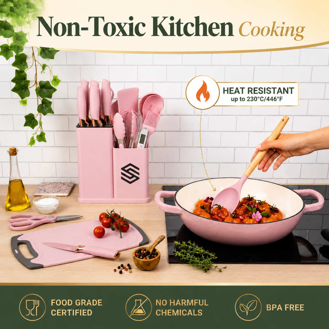Non-Stick Silicone Kitchen Utensil Set with Wooden Handles for Easy Cooking