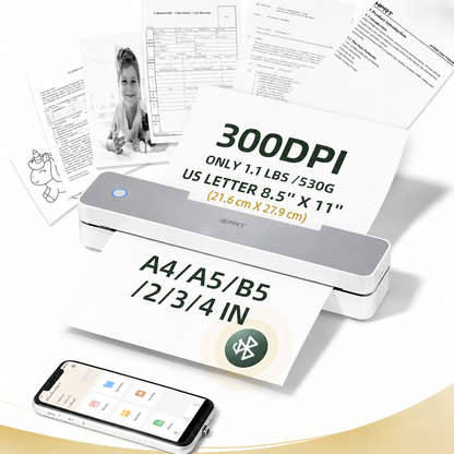 Inkless Portable Thermal Printer for Documents, Bluetooth Wireless Travel Printer