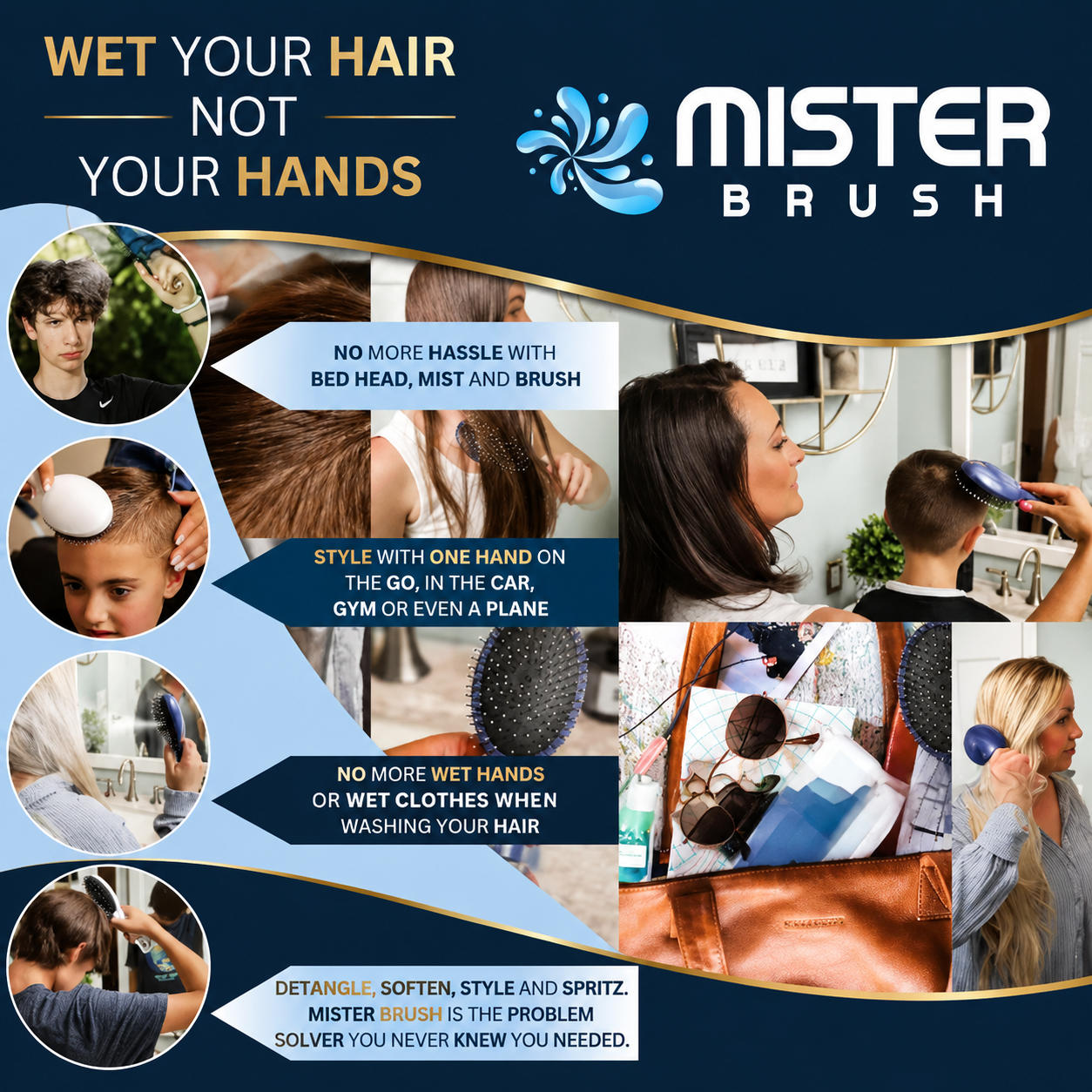 Misting Hair Brush for Effortless Confidence with No-Tangle Bristles, Wet & Dry