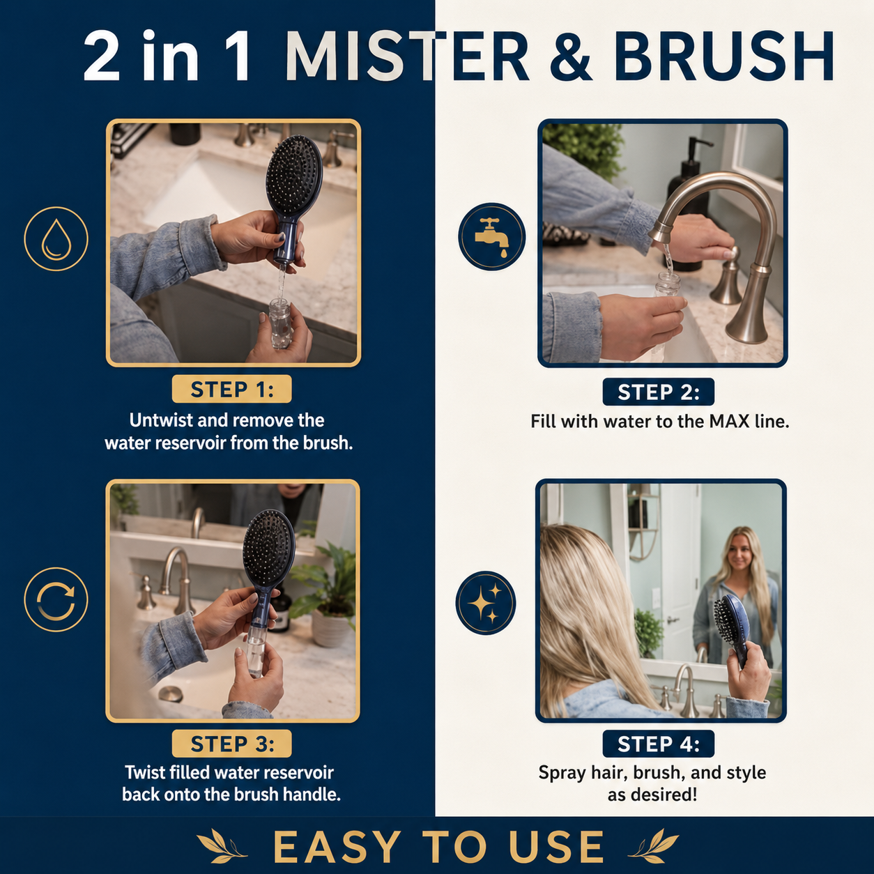 Misting Hair Brush for Effortless Confidence with No-Tangle Bristles, Wet & Dry