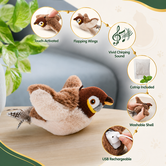 Chirping Feather Bird Cat Toy for Confident, Active Indoor Kitties