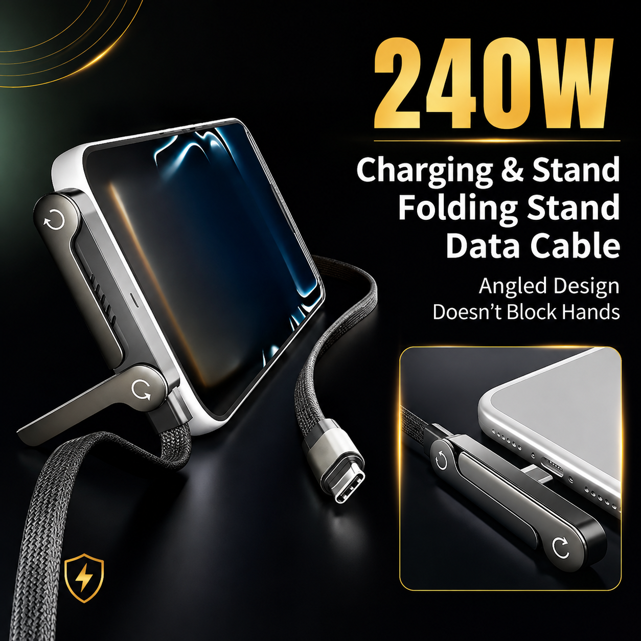 Flat USB-C Fast Charging Cable with Stand for Gamers and Everyday Confidence
