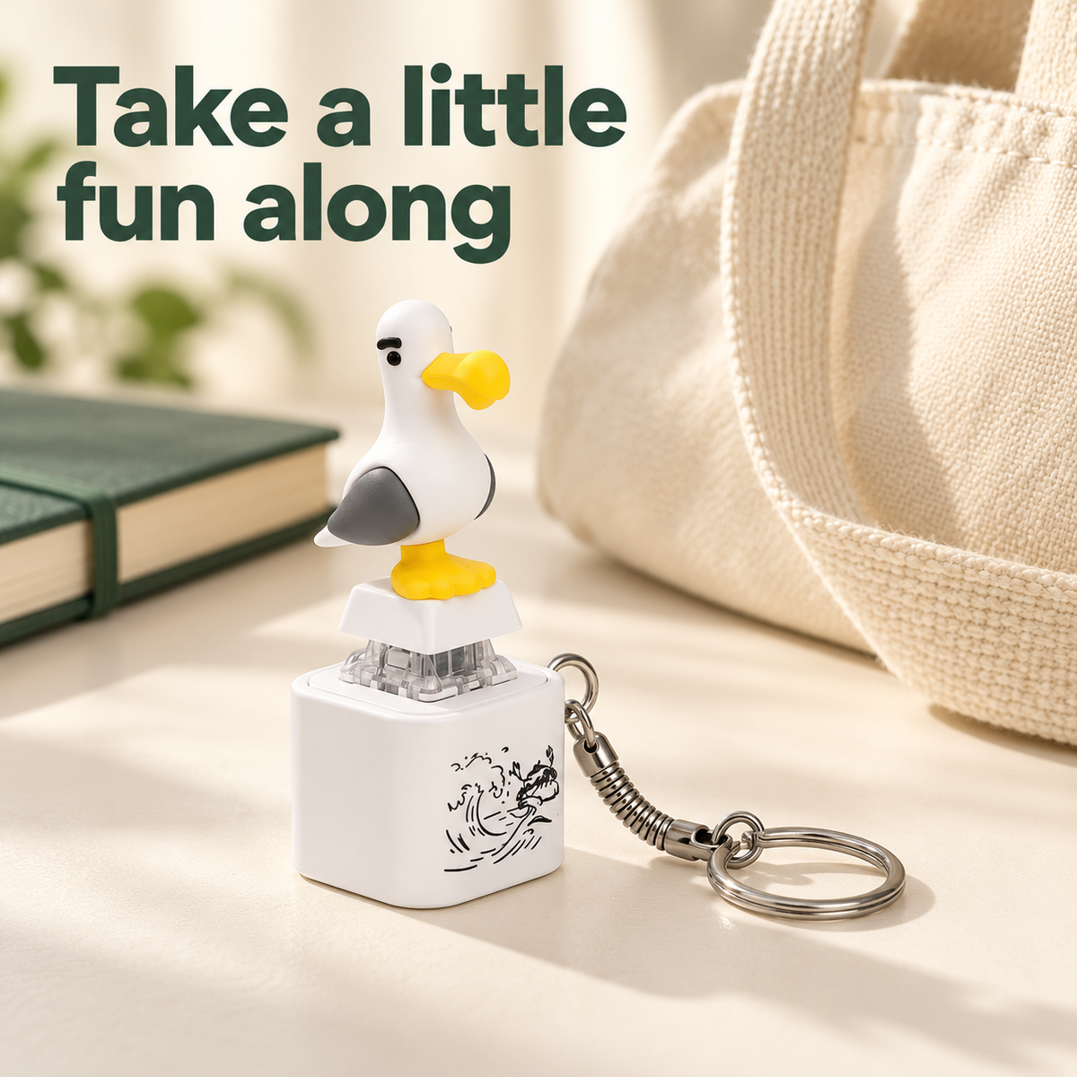 One complete seagull keychain resting beside a canvas bag with the message Take a little fun along