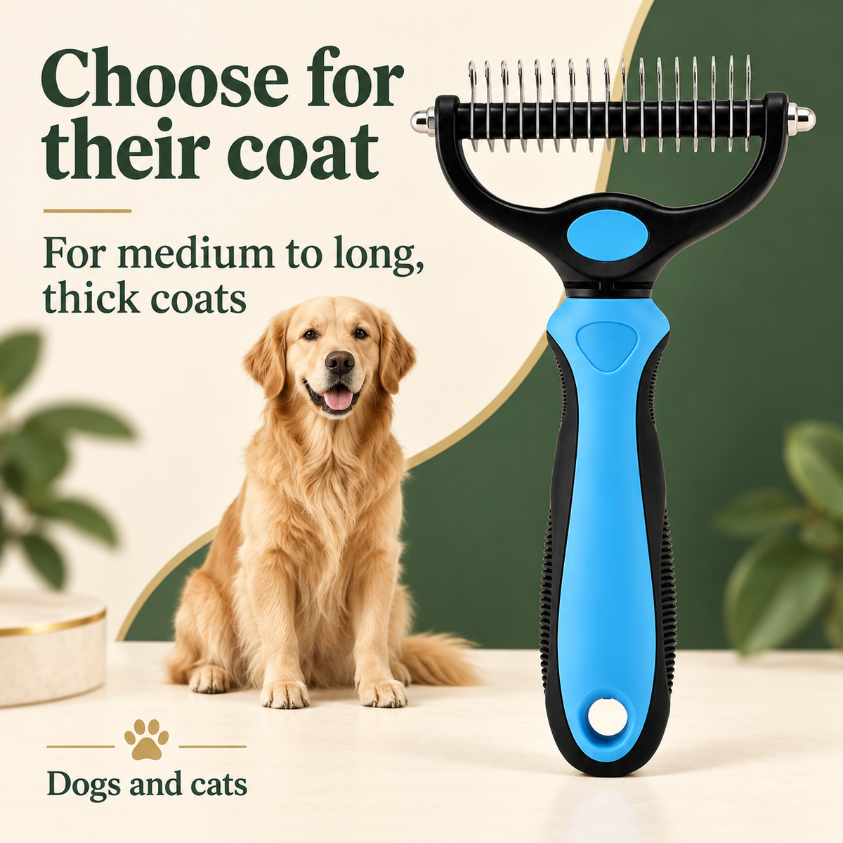 Blue dematting comb beside a long-haired dog; intended for dogs and cats with medium to long, thick coats.