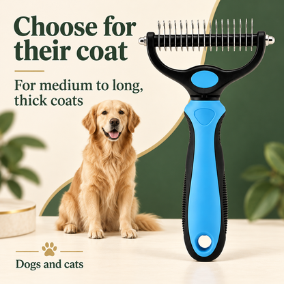 Blue dematting comb beside a long-haired dog; intended for dogs and cats with medium to long, thick coats.
