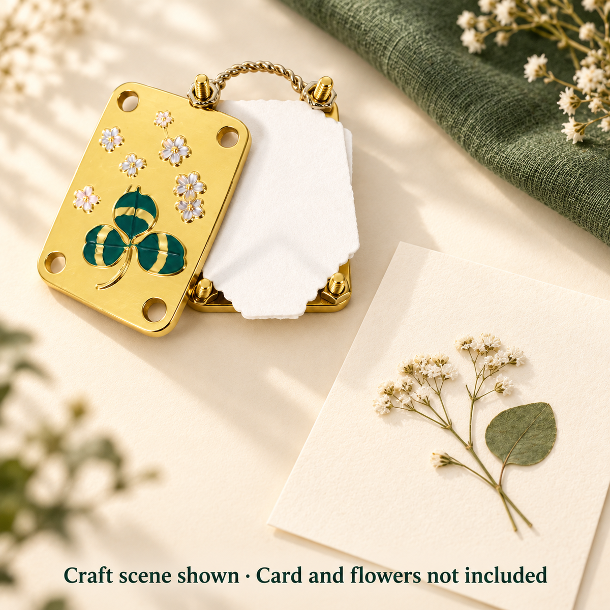 Mini Clover flower press beside a botanical craft scene; card and flowers are props