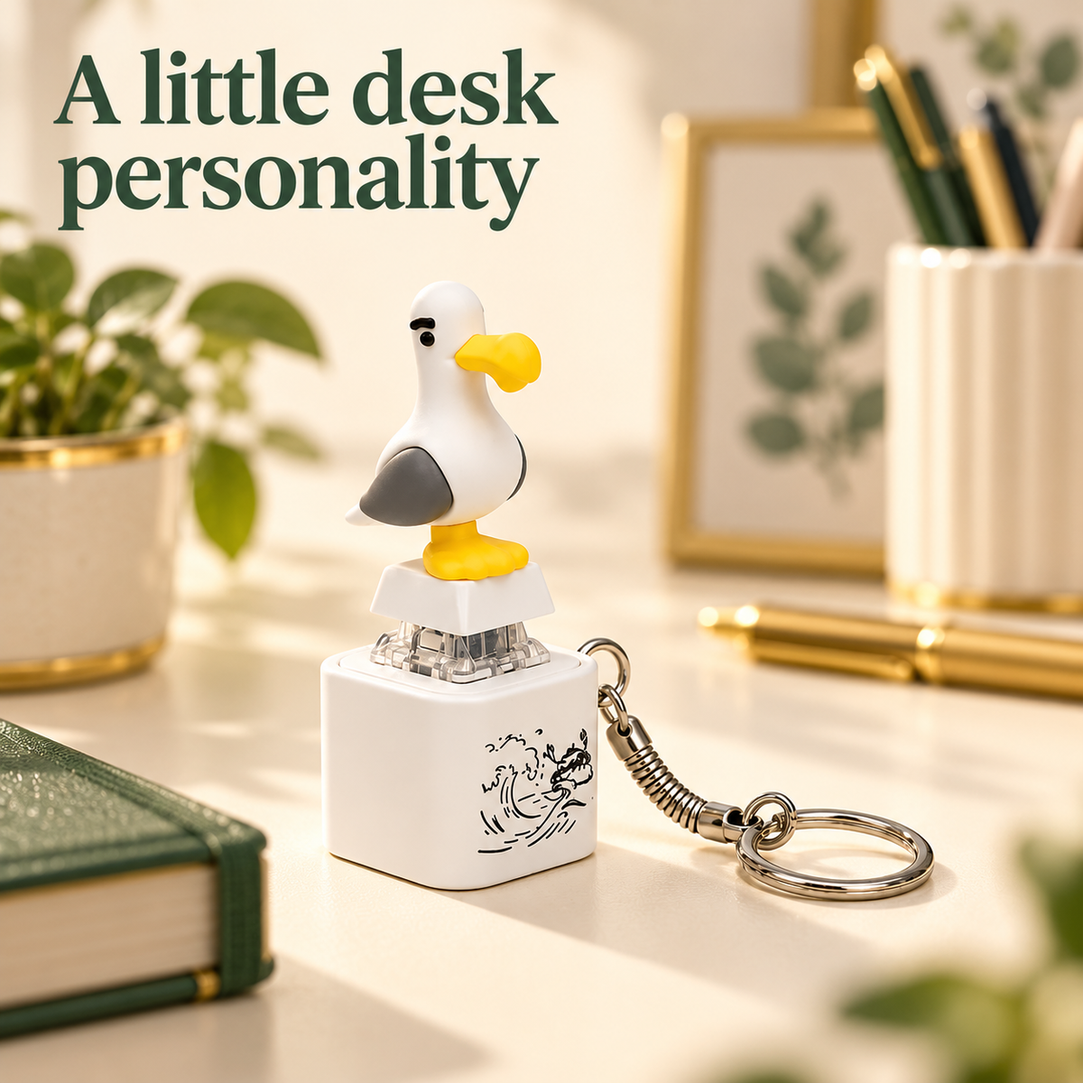 Single seagull keychain in a warm workspace with the message A little desk personality