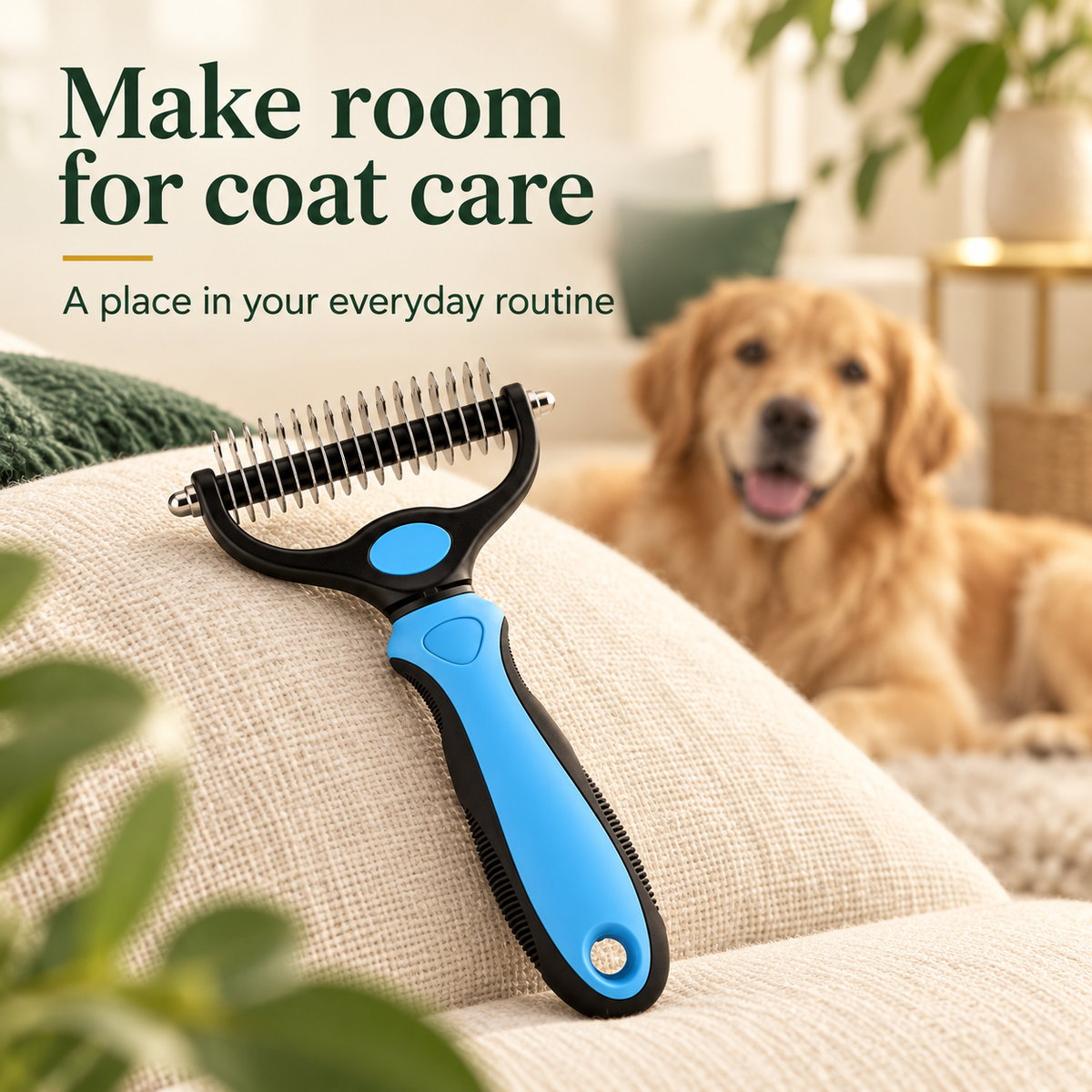One blue dematting comb resting on an ivory cushion near a long-haired dog, with the message Make room for coat care.