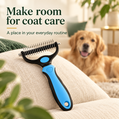 One blue dematting comb resting on an ivory cushion near a long-haired dog, with the message Make room for coat care.
