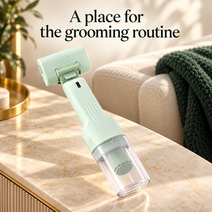 Green CA20 grooming vacuum beside a cream sofa, with a grooming-routine message