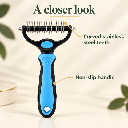 Blue dematting comb with labels pointing to curved stainless steel teeth and the non-slip handle.