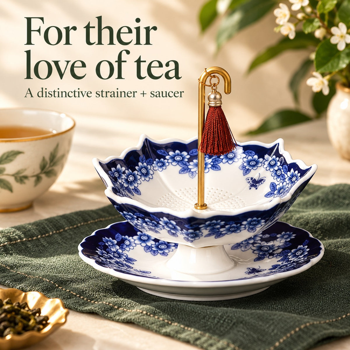 Blue Floral Umbrella Tea Strainer with Saucer, a Gift for Tea Lovers