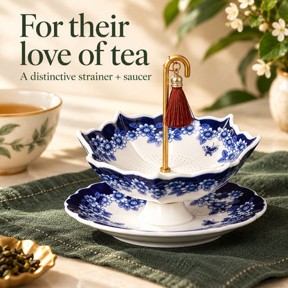 Blue Floral Umbrella Tea Strainer with Saucer, a Gift for Tea Lovers