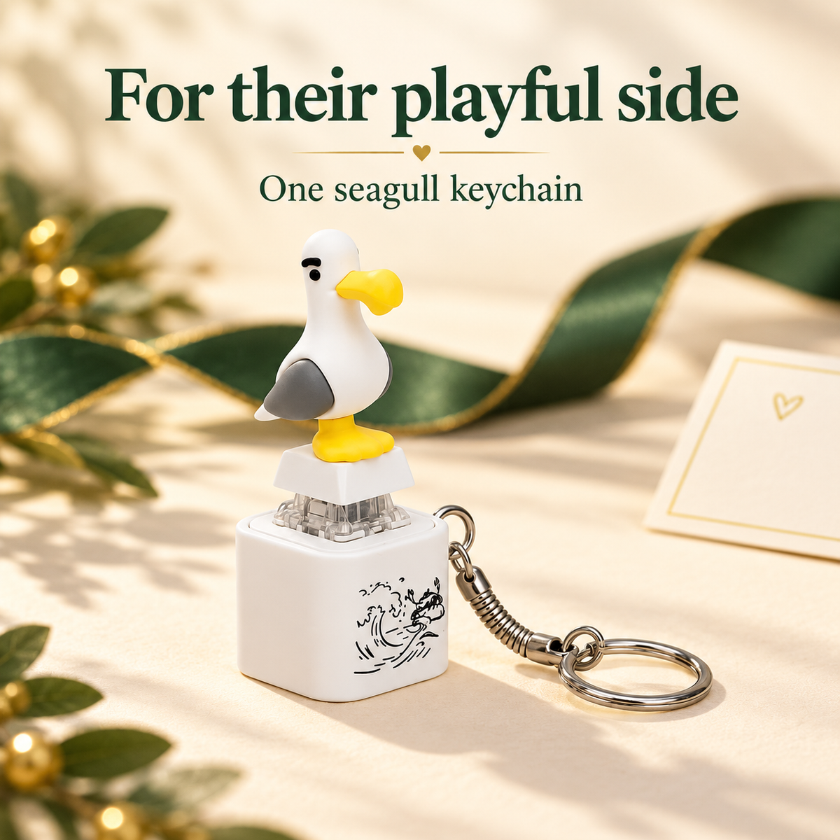 One seagull keychain styled as a playful gift idea; decorative ribbon and note card are not included