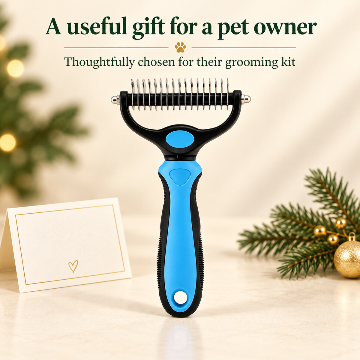 One blue dematting comb with a decorative personal card and seasonal foliage; a useful gift for a pet owner.