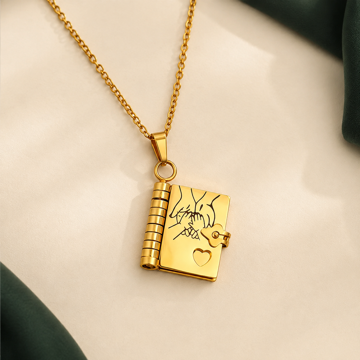Golden daughter book necklace with engraved hands-and-heart cover