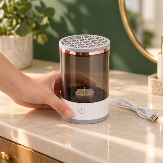 An adult hand holding the round USB makeup brush cleaner on a vanity for a realistic sense of scale