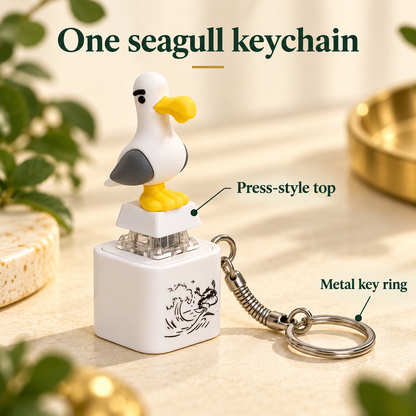 One seagull keychain with labels identifying the press-style top and metal key ring
