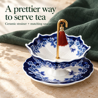 Blue Floral Umbrella Tea Strainer with Matching Ceramic Saucer