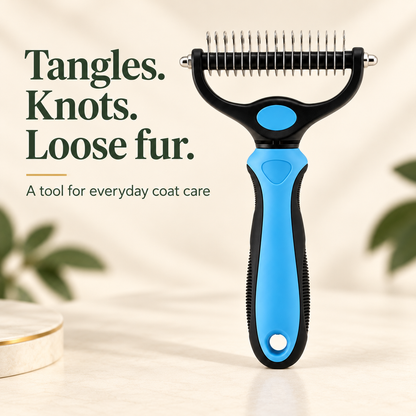 Blue and black dematting comb for tangles, knots and loose fur; one large comb for everyday coat care.